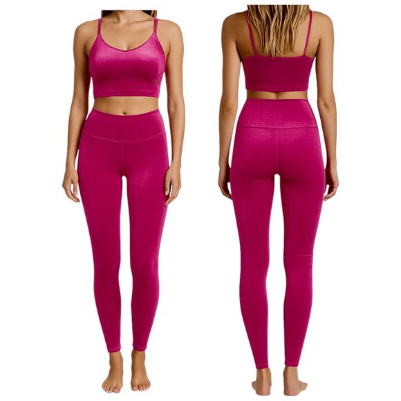 Athleta Elation Velvet Set Berry Fuchsia Crop Top High Rise Leggings Outfit S - Picture 6 of 9